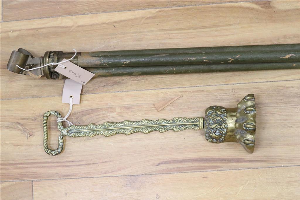 A WWII New Zealand tripod stand, Military issue, a telescope and a brass claw and ball door stop and a mounted spirit level